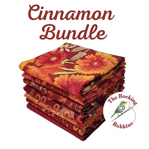 May include: A stack of 10 fabric squares in shades of red, orange, and yellow with a floral pattern. The fabric squares are arranged in a stack and are labeled "Cinnamon Bundle" and "The Rocking Bobbins".