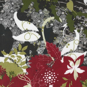 May include: Abstract floral pattern fabric with a black background, white and green leaves, and red flowers. The fabric has a vintage, graphic design.