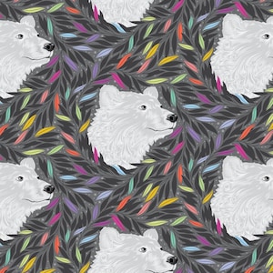 May include: Seamless pattern featuring white polar bear heads surrounded by dark gray leaves with colorful accents of yellow, orange, purple, and blue. The bears are detailed with textured fur, creating a whimsical and artistic design.