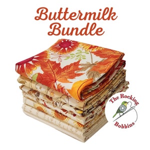 May include: A stack of eight fabric squares in a fall-themed print with a cream background and orange, yellow, and brown accents. The fabric features a floral pattern with leaves and sunflowers. The fabric squares are labeled "Buttermilk Bundle" and "The Rocking Bobbins".