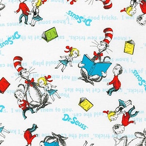 May include: White fabric with a repeating pattern of illustrations from the book "The Cat in the Hat" by Dr. Seuss. The illustrations include the Cat in the Hat, Thing 1 and Thing 2, and the children from the book. The text "Dr. Seuss" appears multiple times throughout the fabric.