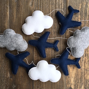 Airplanes & Clouds Felt Garland, Baby Nursery, Baby Bunting, Aeroplanes, Felt plushies, Navy, White and Grey, Boys Room, Baby Shower Decor