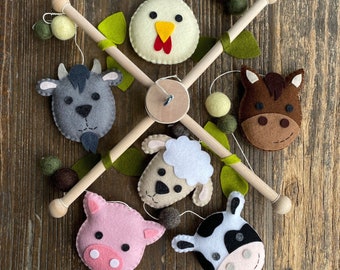 Farm Animal Mobile & Garland, 100% Wool Felt, Baby Bunting, Nursery Decor, Baby Shower, Farm Animal Nursery, Animal Banner, Baby Boy or Girl