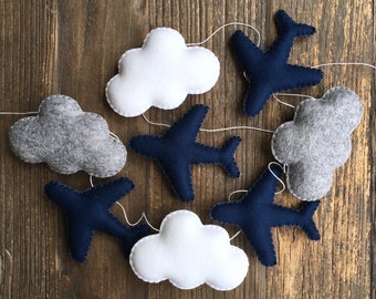 Airplanes and Clouds Felt Garland, Navy and Gray Nursery Decor