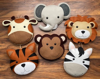 Decoração de parede grande para pendurar animais da selva Safari, tamanho aproximado de 10 a 12 pol., feltro 100% lã, decoração de berçário, chá de bebê, berçário da selva Safari