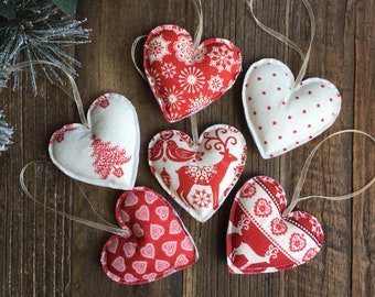 6x Nordic Scandi Style Christmas Decorations, Red and White Heart Ornaments, Christmas Decorations, Makower, Stuffed Felt Decorations