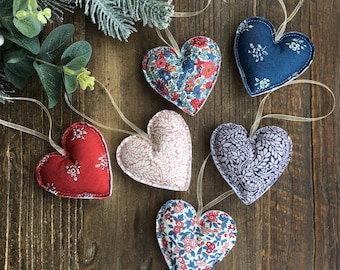 Liberty Heart Decorations, Set of 6 hearts, Liberty of London, Christmas Tree Decorations, Winter Flower Show, Liberty Floral Ornaments