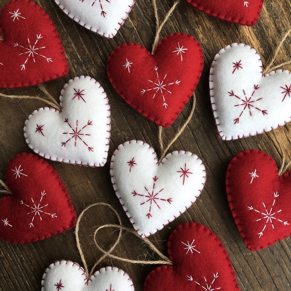 Red & White Nordic Scandi Style Christmas Decorations, Heart Ornaments, Christmas Decorations, Ornaments, Stuffed Felt Decorations