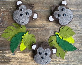 Monkey & Leaves Felt Garland, 100% wool felt, baby bunting, safari themed party decor, Jungle Animal Garland, Wall Decoration