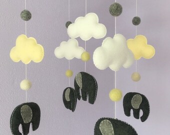 Felt Elephant Baby Mobile, Grey & Yellow Cloud Nursery Decor
