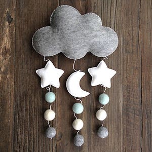 Cloud Moon Stars Mobile, Baby Nursery Mobile, Felt Ball Mobile, Mint White Grey Mobile, Cot Mobile, Crib Mobile, Baby Shower, Nursery Decor