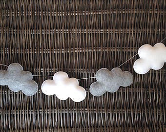 Guirlanda de nuvem fofa branca e cinza, feltro de lã, estamenha de feltro, guirlanda de bebê, berçário de bebê, chá de bebê, decorações de quarto de bebê, adereço de foto de bebê