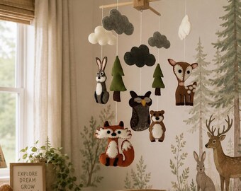 Handmade Wool Felt Woodland Nursery Mobile, Forest Animals