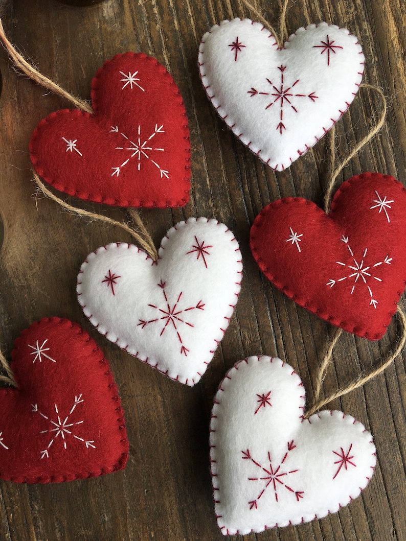 Red & White Nordic Scandi Style Christmas Decorations, Heart Ornaments, Christmas Decorations, Ornaments, Stuffed Felt Decorations image 5