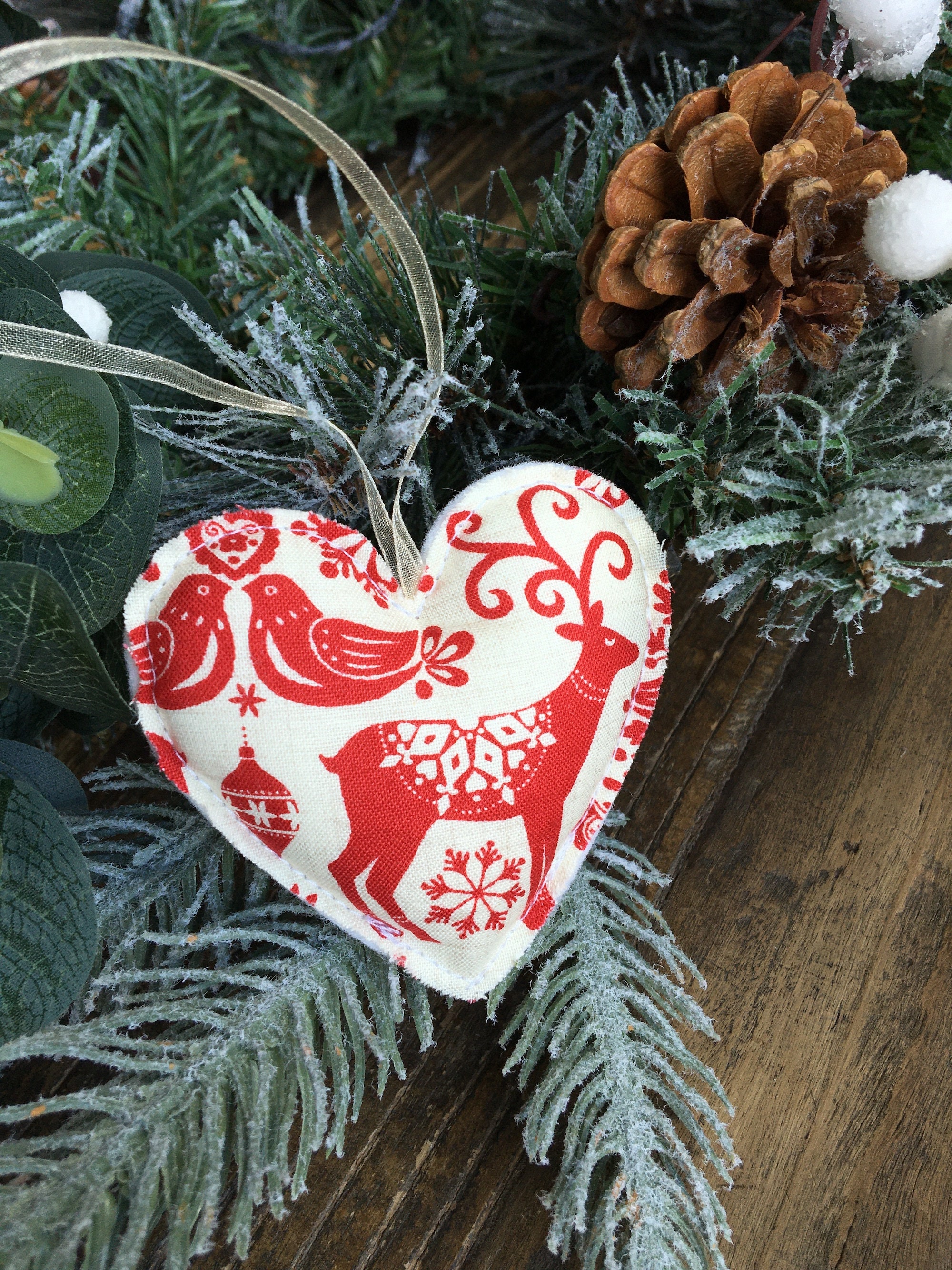 6x Nordic Scandi Style Christmas Decorations, Red and White Heart