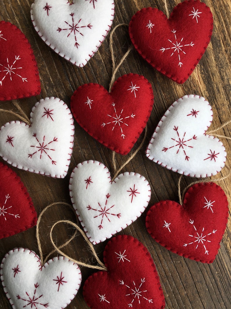 Red & White Nordic Scandi Style Christmas Decorations, Heart Ornaments, Christmas Decorations, Ornaments, Stuffed Felt Decorations image 4