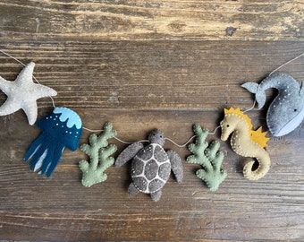 Under The Sea Garland, 100% Wool Felt, Baby Bunting, Nursery Decor, Baby Shower, Ocean Animal Nursery, Sea Life Nursery, Felt Banner