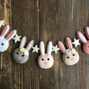 Felt Bunny Garland, 100% Wool Felt, Spring Garland, Easter Decorations, Bunnies Garland, Nursery Decor, Baby Shower, Felt Bunnies and Stars