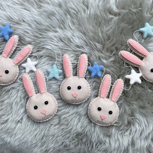 Felt Bunny Garland, 100% Wool Felt, Spring Garland, Bunny Nursery, Bunnies Garland, Nursery Decor, Baby Shower, Felt Bunnies and Stars