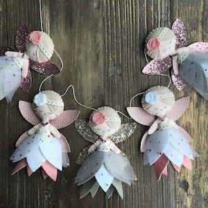 3-piece Magical Fairy Nursery Set, Felt Fairy Garland, Wool Felt Bunting, Blush Pink & Gold, Fairy Theme, Magical Nursery, Felt Fairies