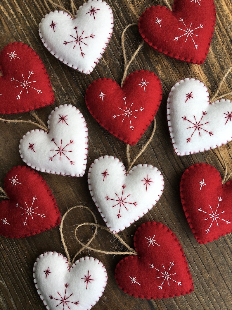 Red & White Nordic Scandi Style Christmas Decorations, Heart Ornaments, Christmas Decorations, Ornaments, Stuffed Felt Decorations image 1
