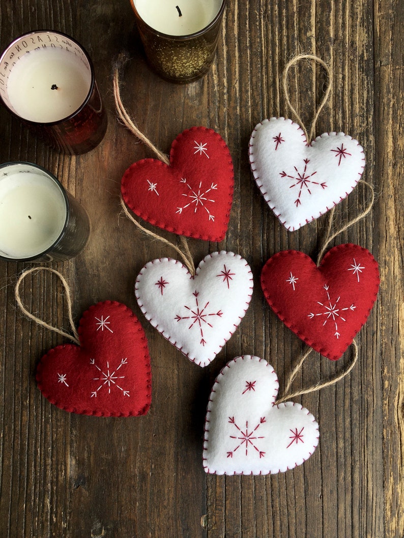 Red & White Nordic Scandi Style Christmas Decorations, Heart Ornaments, Christmas Decorations, Ornaments, Stuffed Felt Decorations image 3