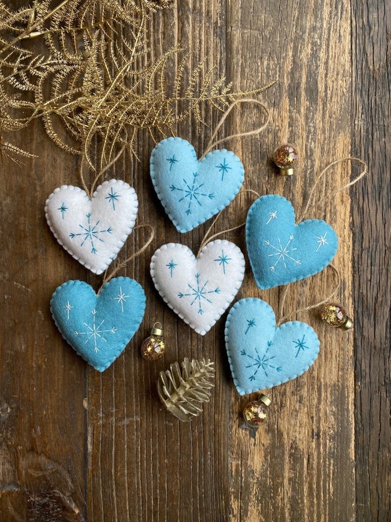 Nordic Christmas Heart Ornaments, Blue & White Stuffed Felt Decorations