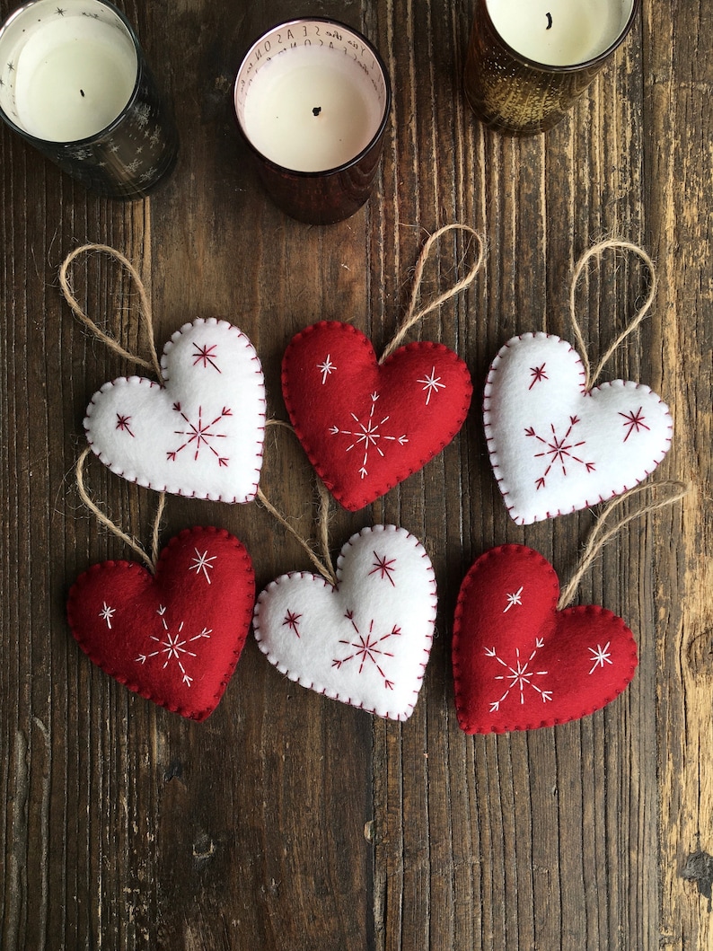 Red & White Nordic Scandi Style Christmas Decorations, Heart Ornaments, Christmas Decorations, Ornaments, Stuffed Felt Decorations image 2