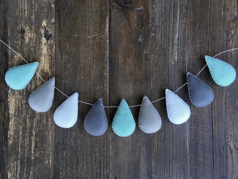 Scandi Raindrops Garland Wool Felt Duck Egg Blue Grey White Baby Bunting Baby Boy Nursery Nursery Decor Dreamy Baby Shower Baby Gift