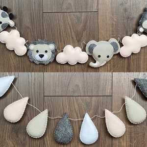 Safari Jungle Animal Garland, Raindrops Set, 100% Wool Felt, Pink and Grey, Baby Girl Nursery Decor, Baby Shower, Safari Nursery