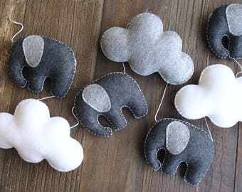 Elephants & Clouds Garland, 100% Wool Felt, Felt Bunting, White Grey Decor, Baby Garland, Baby Nursery, Baby Shower, Gender Neutral Room