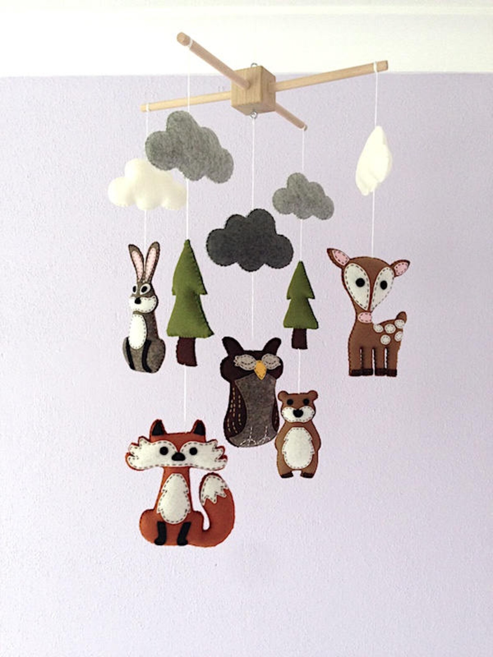 Woodland Nursery Mobile Wool Felt Animals Clouds Trees Etsy