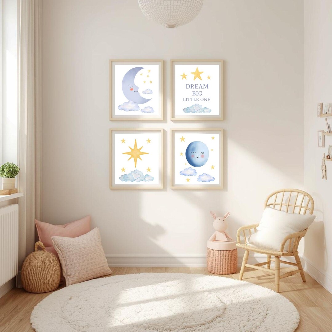 Celestial Nursery Wall Art Bundle | Set of 4 Prints | Sleeping Moon ...