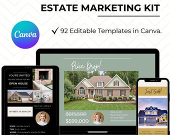 May include: A digital marketing kit for real estate, featuring a tablet, laptop, and smartphone displaying templates. The kit includes 92 editable templates in Canva. The tablet shows an open house invitation, while the laptop and phone showcase property listings.