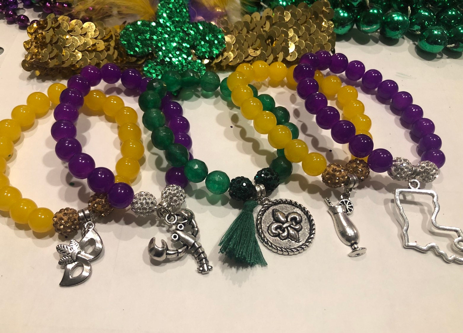 mardi gras clay bead bracelets