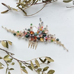 Moss agate bridal hair comb Yellow hair comb Emerald bridal hair comb Green crystal hair comb Garnet hair accessories Ruby hair piece