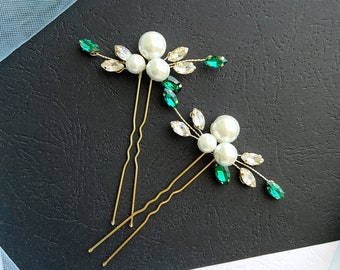 Perle per capelli Spille per capelli da sposa color smeraldo Accessori per capelli da sposa verde Spille per capelli verdi Regalo per damigelle Spille per capelli in argento