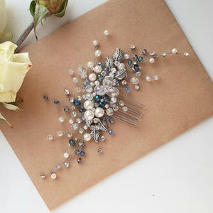 Blue Bridal Hair Comb, Pearl hair comb, Blue Headpiece, Silver Wedding Hair Comb, Sapphire Hair Accessory, Something Blue Jewelry