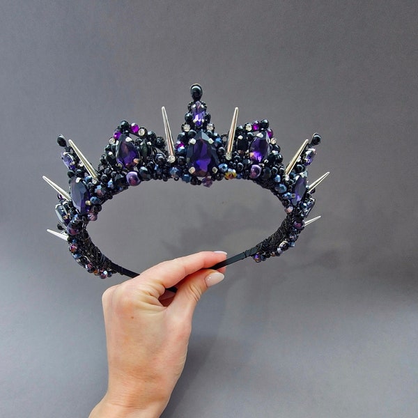 Dark purple@Black crown Amethyst headband Black tiara Bridal crown Purple crystal crown Gothic tiara Black wedding tiara Gothic headpiece