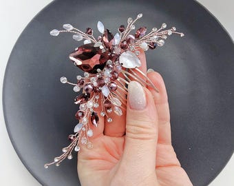 Burgundy Bridal hair comb with white opal crystals, Plum Crystal wedding hairpiece, Maroon hair accessory, Burgundy hair jewelry for bride