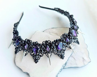Black purple tiara Gothic purple black wedding crown Amethyst and black wedding crown Gothic wedding headpriece Vampire crown Witch&#39;s crown