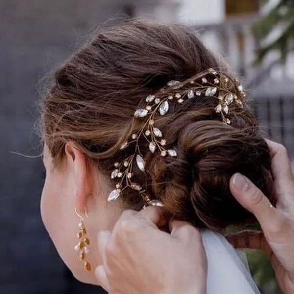 Enredadera de pelo de cristal Enredadera de pelo de oro Pieza de pelo de oro Pieza de pelo de novia Diadema de cristal Pieza de pelo de boda Tocado de novia Enredadera de pelo de novia