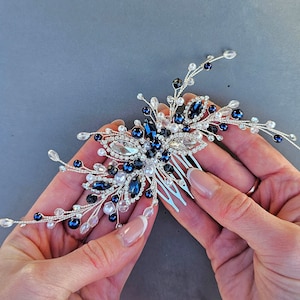Blue Bridal Hair Comb, Pearl hair comb, Navy Blue Headpiece, Silver Wedding Hair Comb, Sapphire Hair Accessory, Something Blue Jewelry