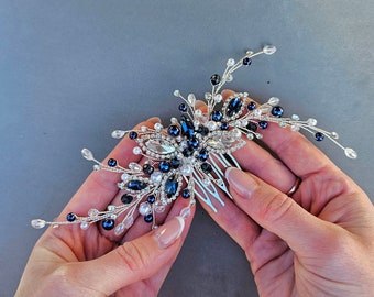 Blue Bridal Hair Comb, Pearl hair comb, Navy Blue Headpiece, Silver Wedding Hair Comb, Sapphire Hair Accessory, Something Blue Jewelry