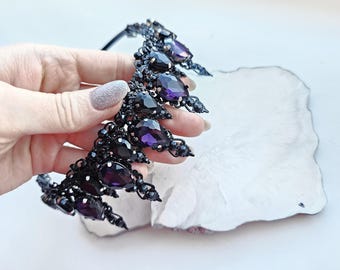 Black purple tiara Gothic purple black wedding crown Amethyst and black wedding crown Gothic wedding headpriece Vampire crown Witch&#39;s crown