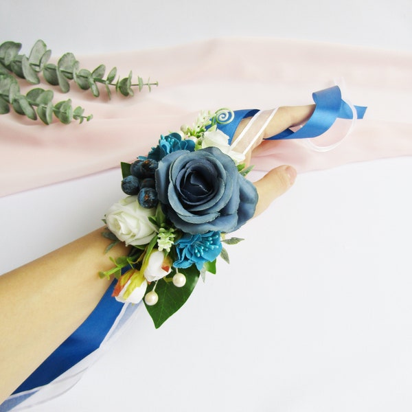 Royal Blue Corsage and Boutonniere Set, Prom Corsage, Wrist Wedding Corsage, Wedding Corsage, Bridesmaids Corsage,Navy Blue Bridal Bracelets