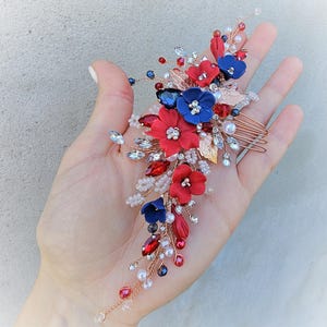 Red navy blue flowers wedding hair comb. Red bridal hair comb. Silver wedding hair piece. Wedding hair jewelry. Floral hair comb