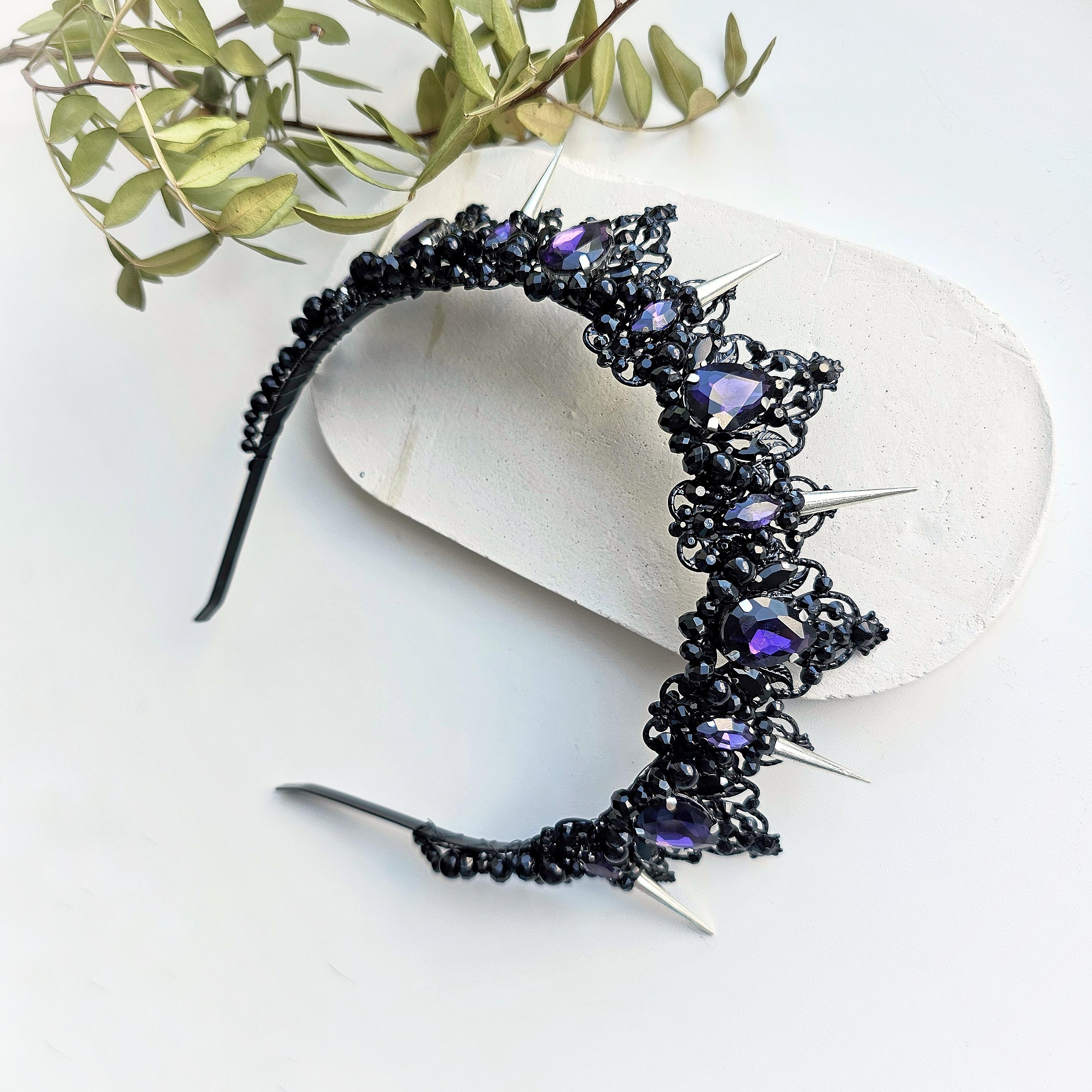Black Purple Crystal Crown, Black wedding crown, Gothic wedding crown, Spike crown Black tiara with metal spikes, The Queen's crown