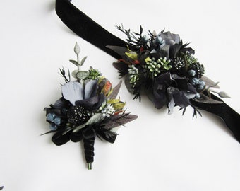 Gothic wedding corsage, black wrist flower, Black rose boutonniere, gothic wedding groom accessories rustic wrist band, floral prom corsage