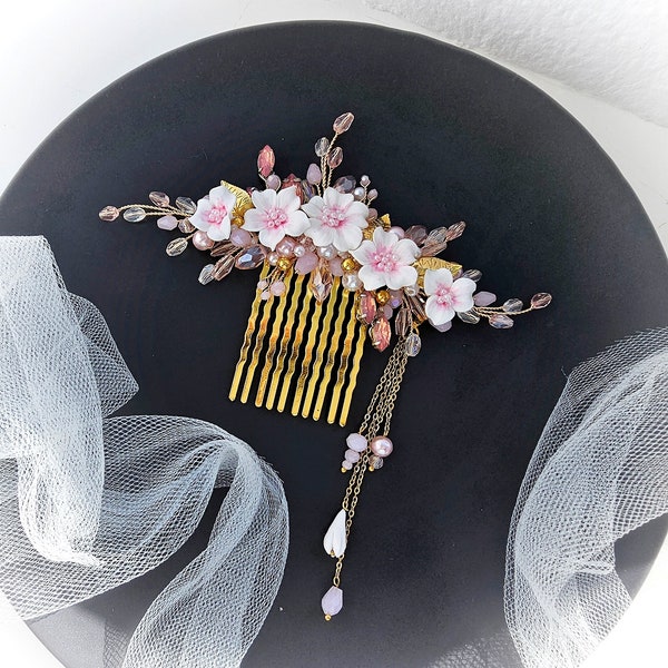 Sakura bridal hair comb, wedding gold flower piece Cherry Blossoms Hair Clip Chinese Hanfu Floral Hair Clips, Wedding Hair Accessories